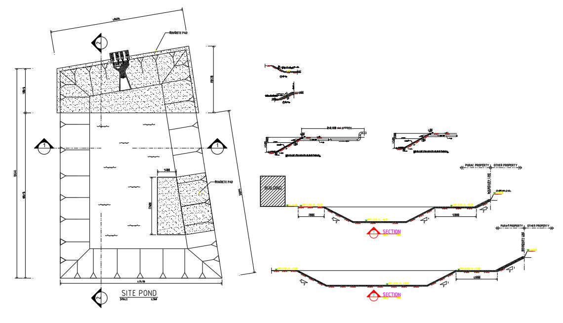 AutoCad DWG showing typical sectional plan of RCP routing from Holding Pond Area. Download the AutoCAD 2D file