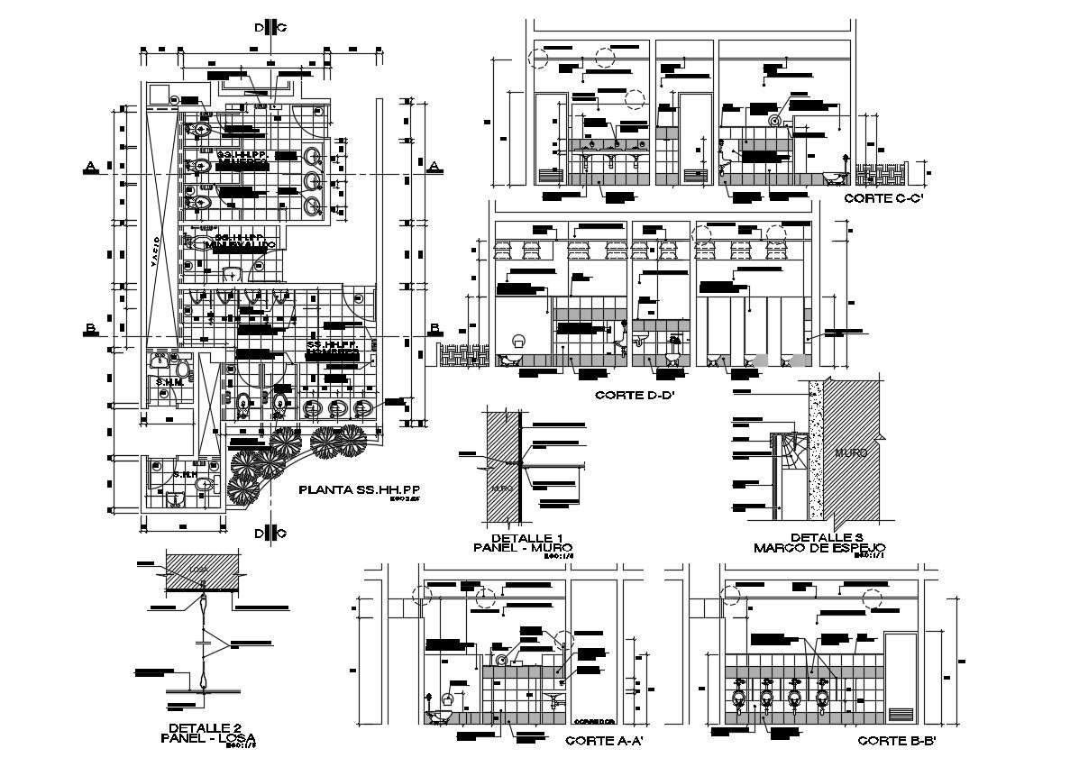 Autocad drawing of bathroom detail with sections