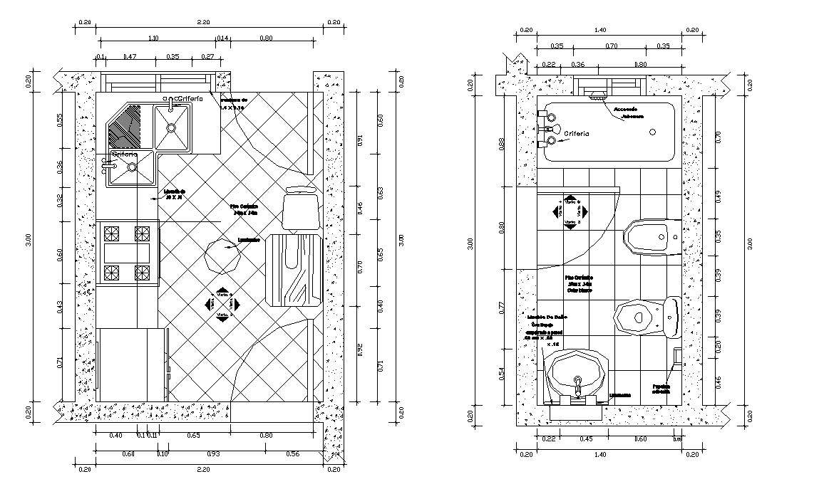 Autocad drawing of kitchen and toilet layout