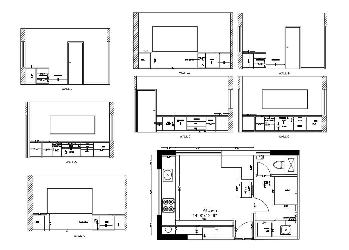 Autocad drawing of kitchen layout with elevations