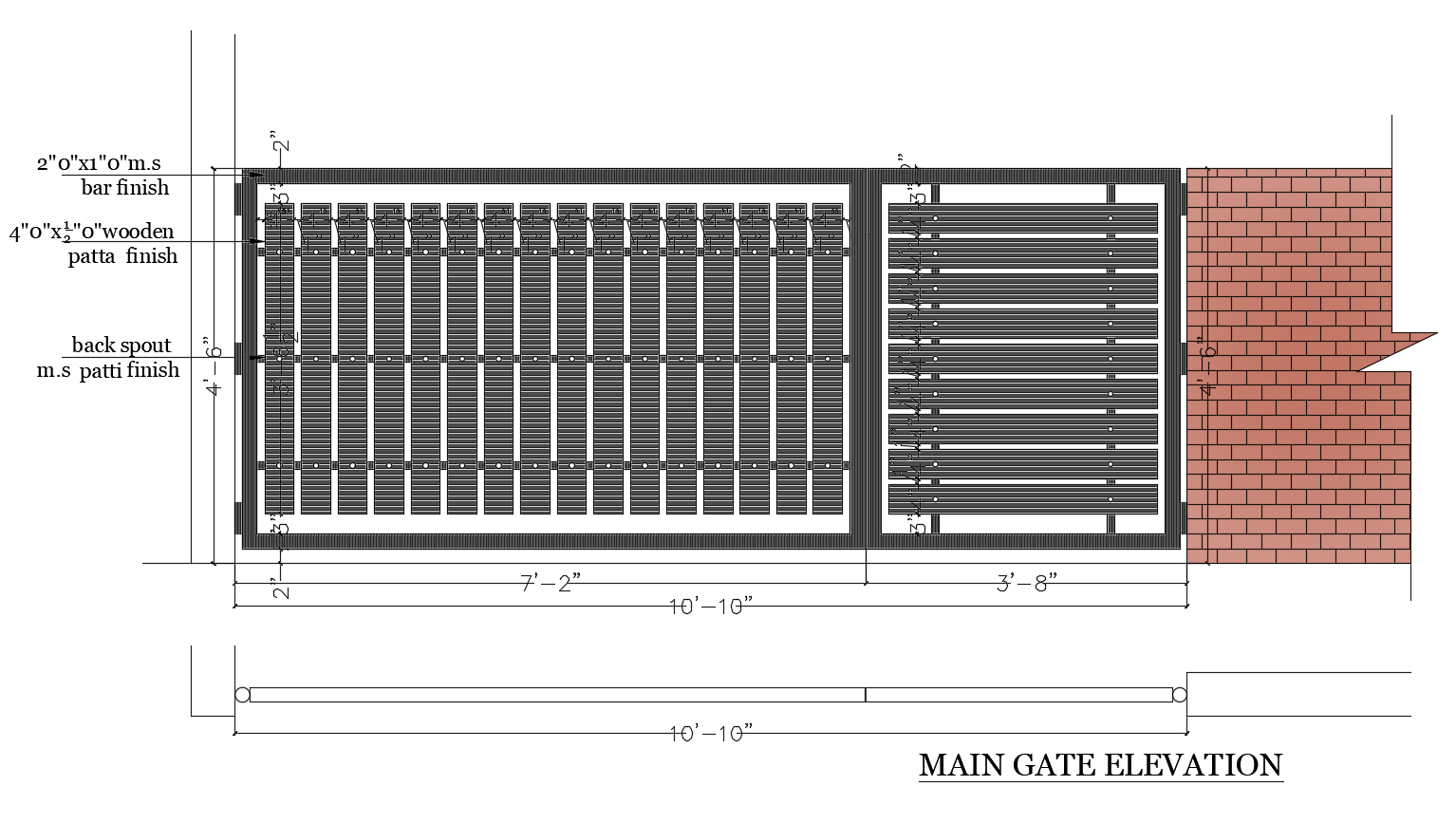Autocad drawing of main gate elevation with dimensions 