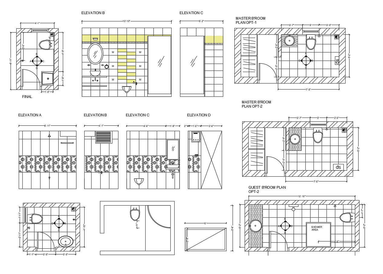 Autocad drawing of master bedroom bathroom with elevations