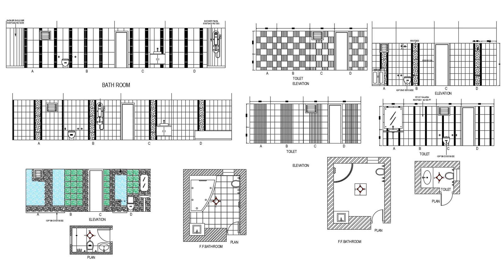 Autocad drawing of toilets and bathroom with elevation