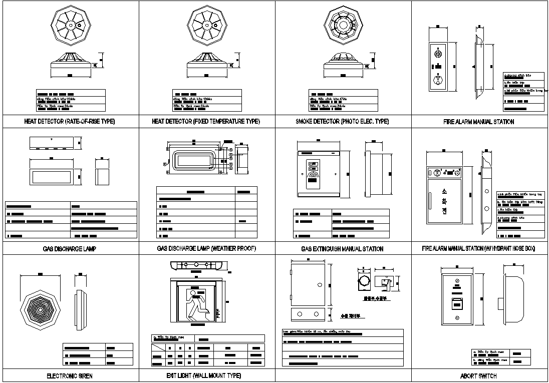 Autocad DWg file Given the details of heat detector,,smoke detector,fire alarm,Gas extinguisher elevation drawing.Download the DWG file.