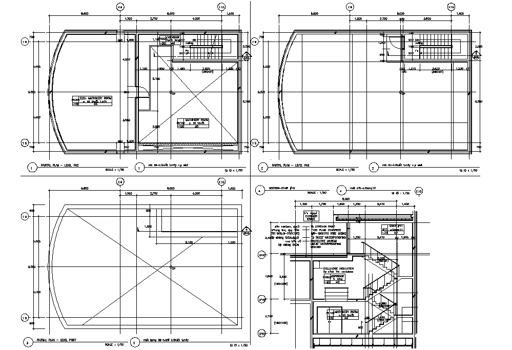 Autocad Drawing file Giving the details of the Machinery building Partial floor plan and section design.