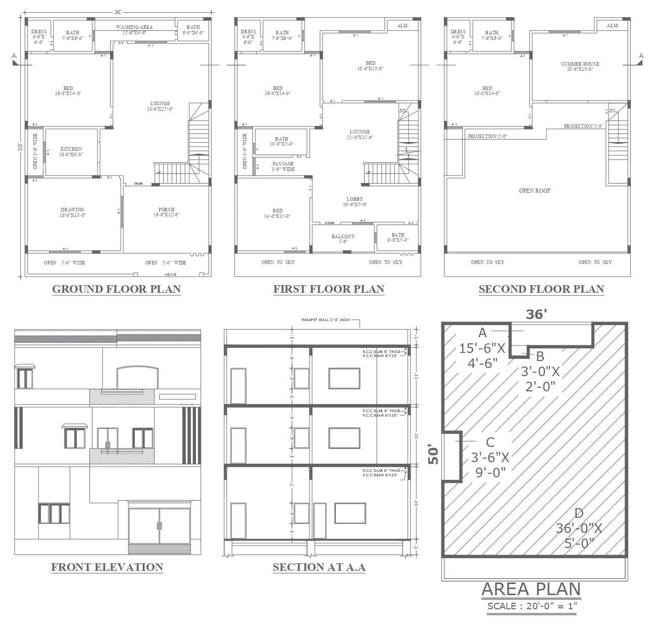 Autocad drawing for house plan with elevation section and other details dwg drawing .