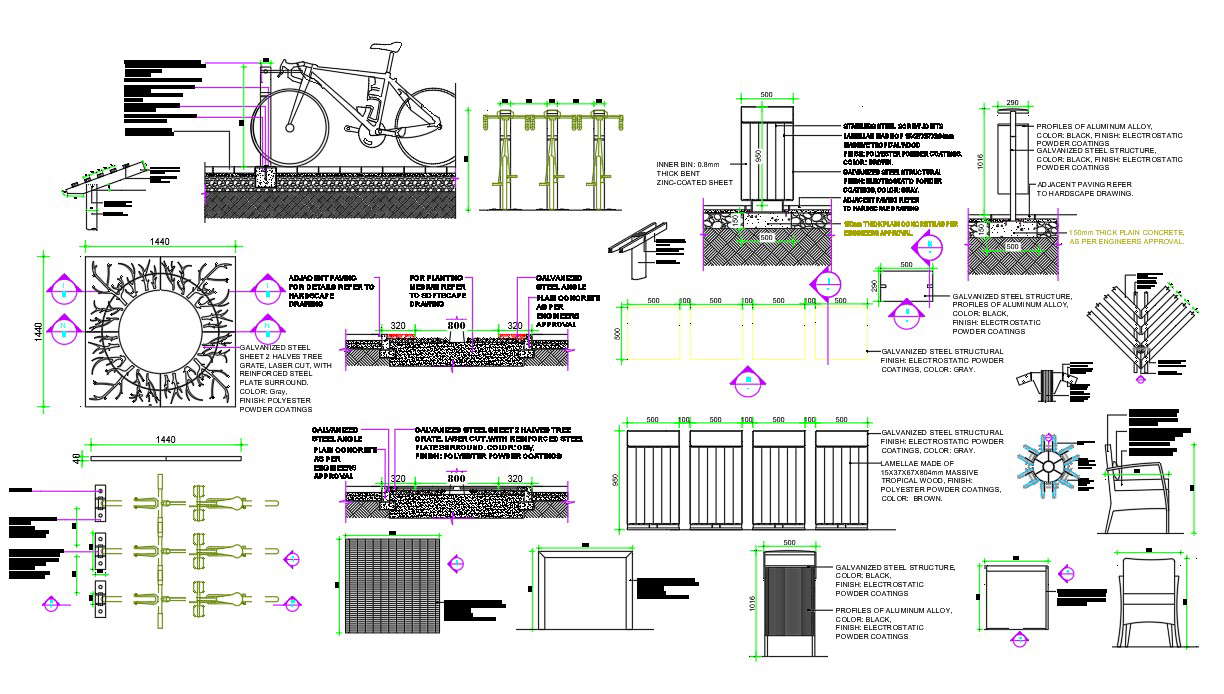Autocad drawing of the plan and section details of the cycle parking  in given. Download the AutoCAD Drawing file.