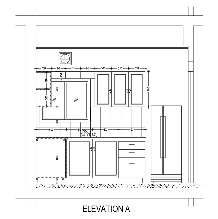 Back side elevation view of 1700x3000mm kitchen building is given in this Autocad drawing file. Download the Autocad model.