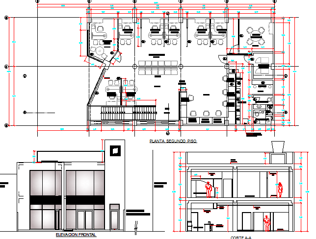 Bank agency building elevation, section and plan details dwg file