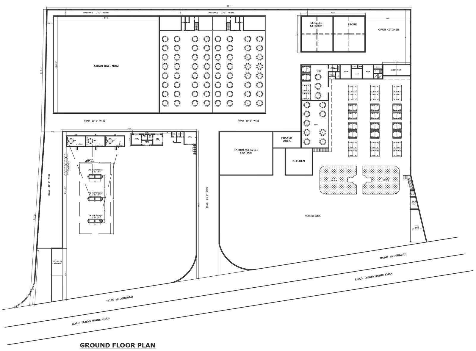 Banquet hall design with all amenities detailed plan DWG autoCAD drawing