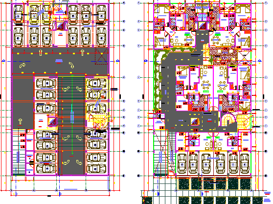 Basement parking and structure layout of multi-flooring housing flats dwg file.