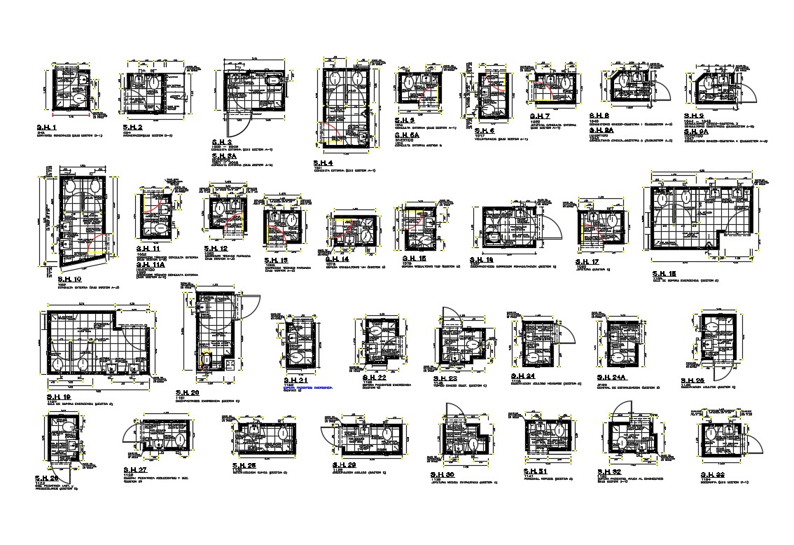 Bathroom developments section, plan and installation details dwg file