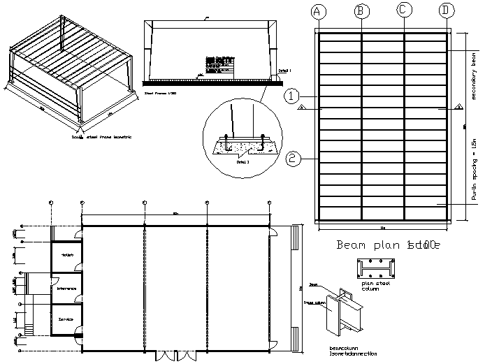 Beam plan and 3 D view detail dwg file