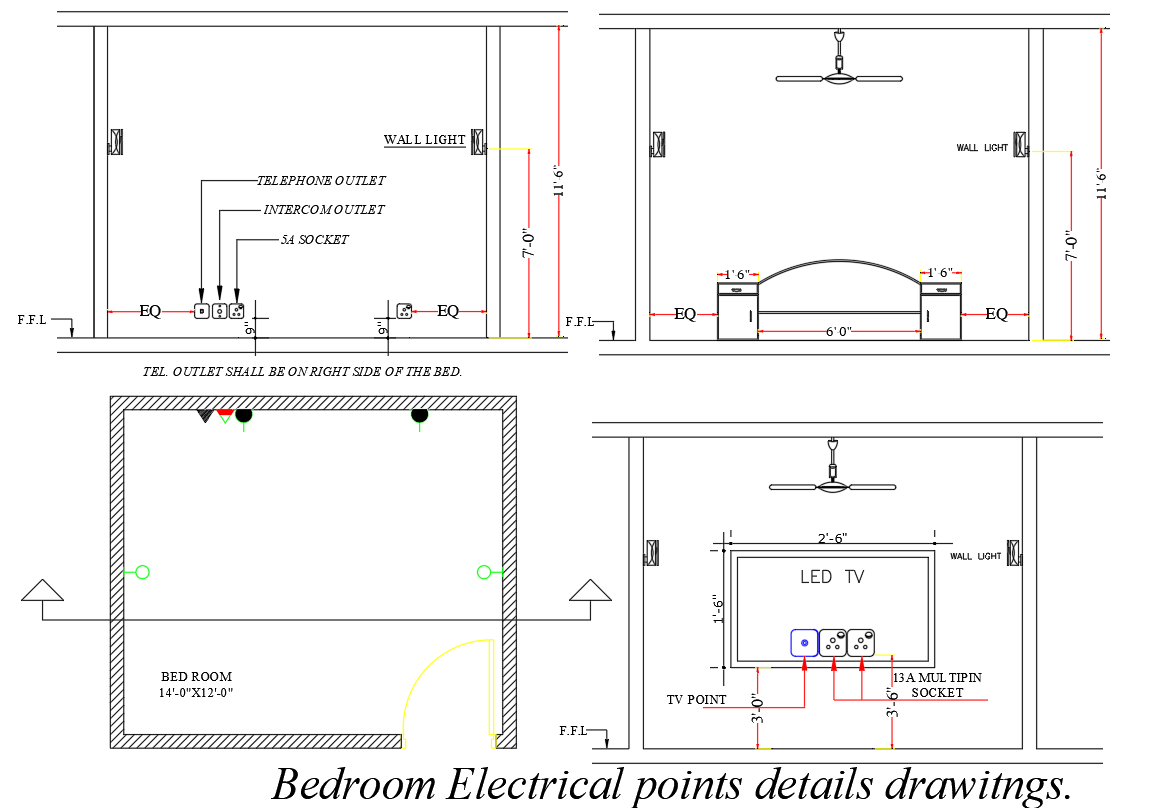 Bedroom Electrical Point Detail DWG AutoCAD File | Cadbull