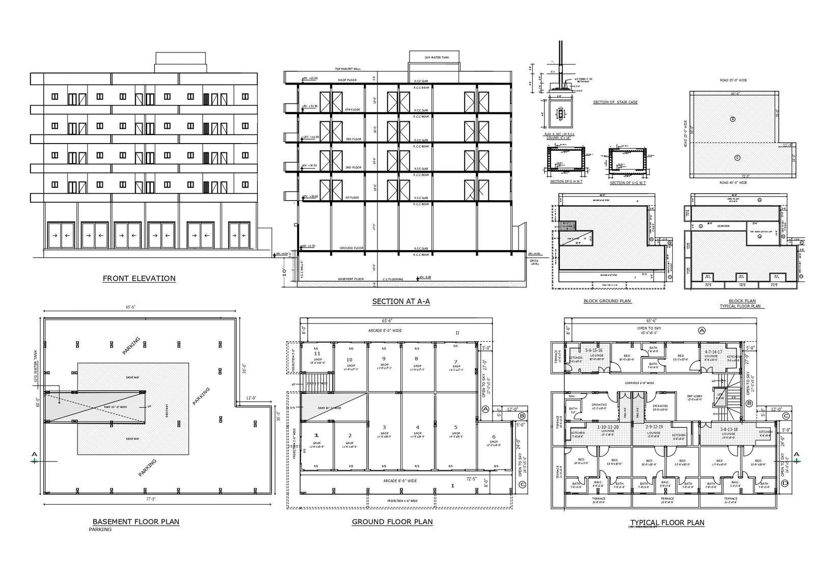 Block ground plan and block plan for typical floor plan with elevation section and other details dwg autocad drawing.