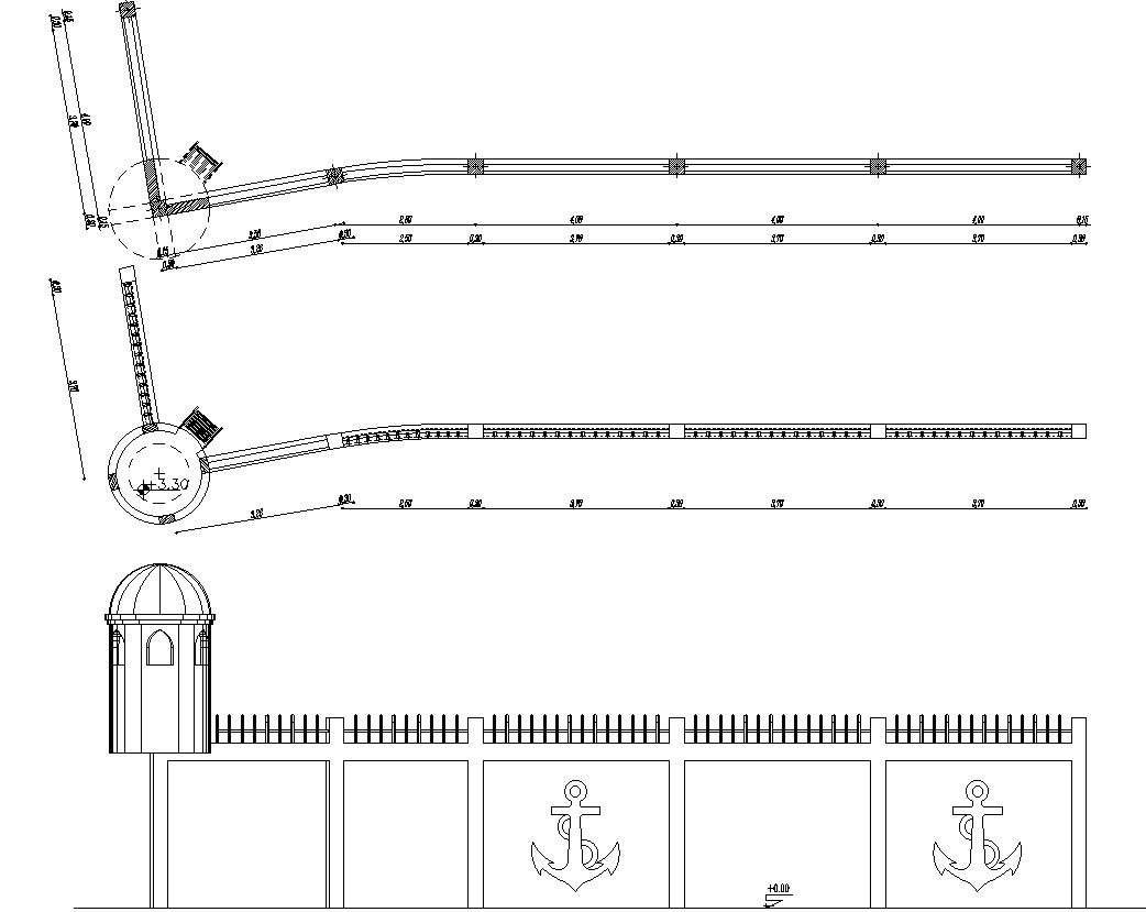 Boundary wall elevation and section drawing in detail AutoCAD 2D design, CAD file, dwg file