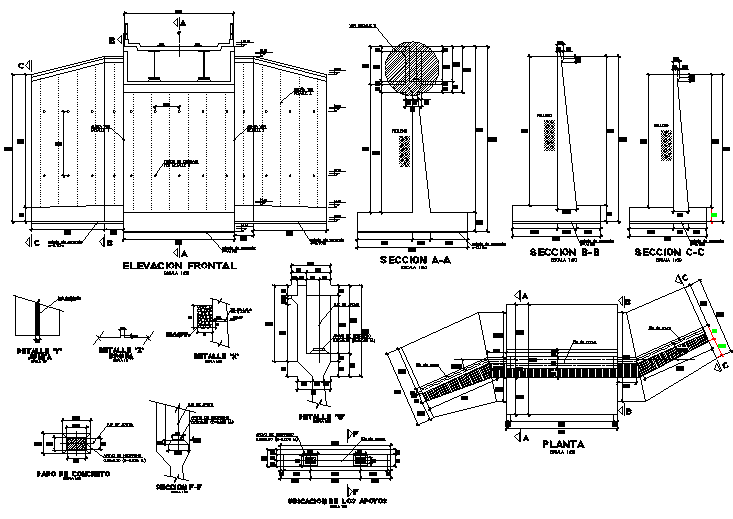 Bridge location of support elevation and section plan detail dwg file
