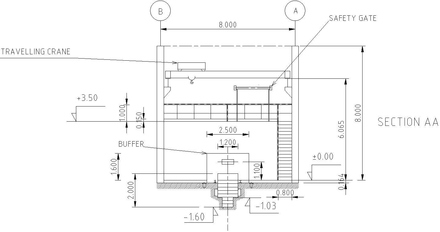 Buffer, travelling crane and safety gate section details of pit in AutoCAD, dwg file.
