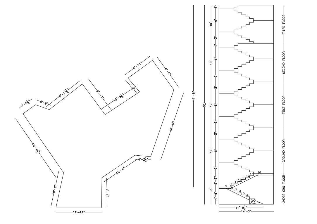 Building Line Drawing With Staircase DWG File