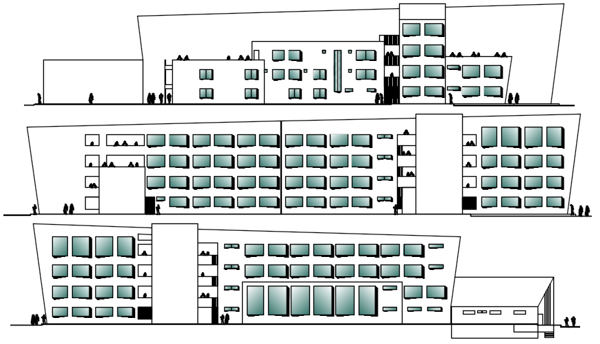 Building drawing with different elevation details in dwg file 