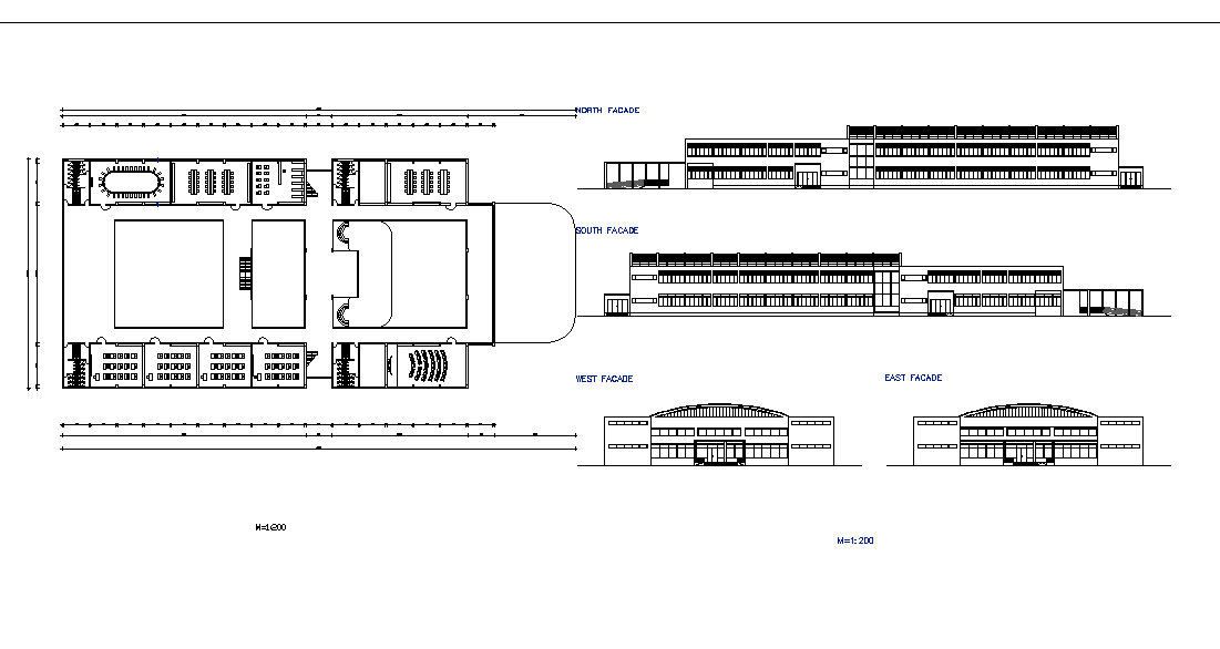 Building layout plan with elevation and section.