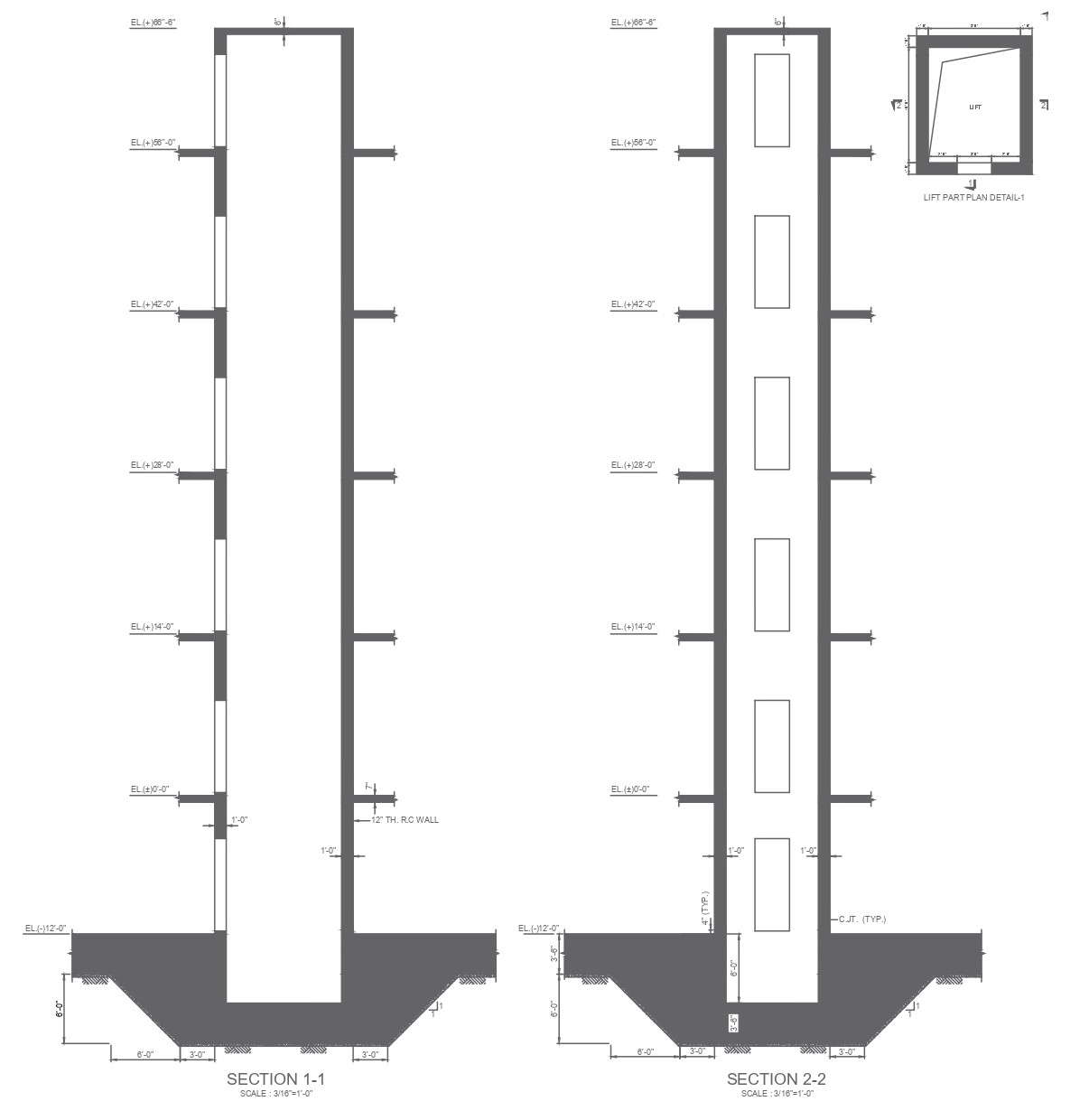 Building Section Scale One Zero with Height & Lift DWG file 