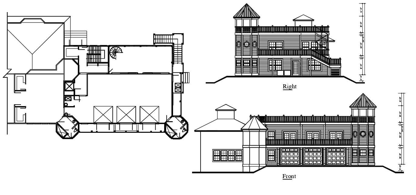 Bungalow Plan With Elevation Design DWG File