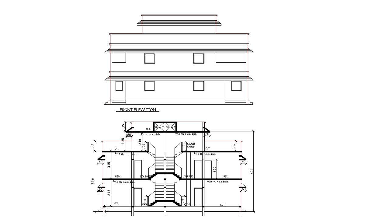 Bungalow Section and Elevation AutoCAD Drawing