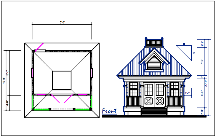 Bungalow plan and elevation details dwg files