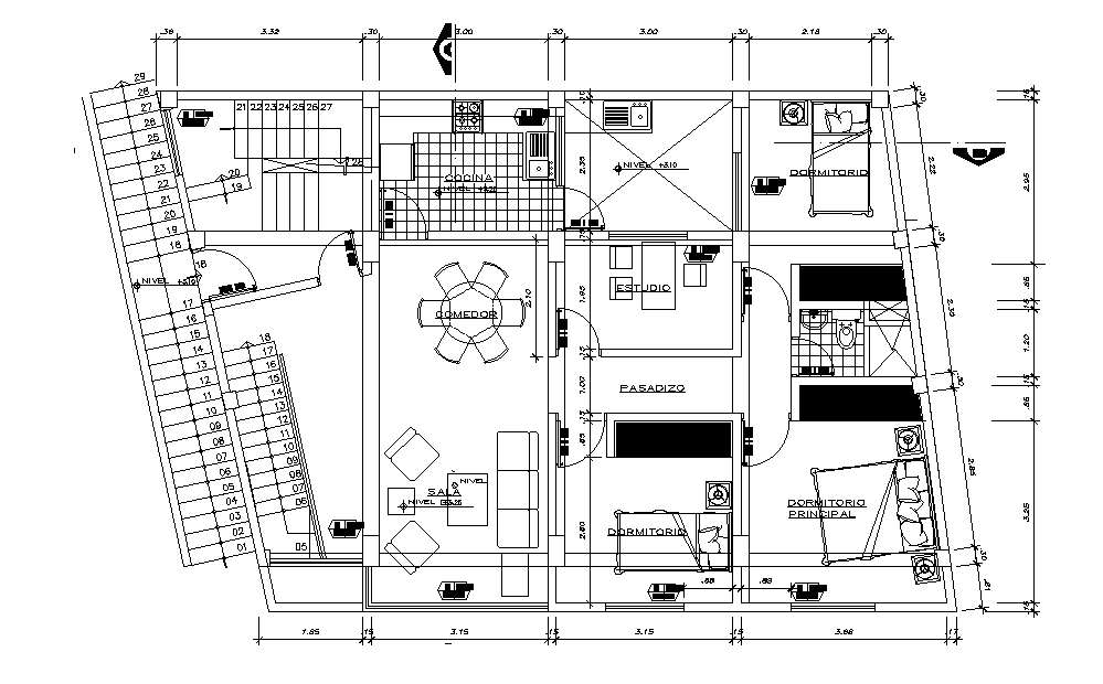 Bungalow floor plan detail drawing described in this AutoCAD file. Download the AutoCAD file.