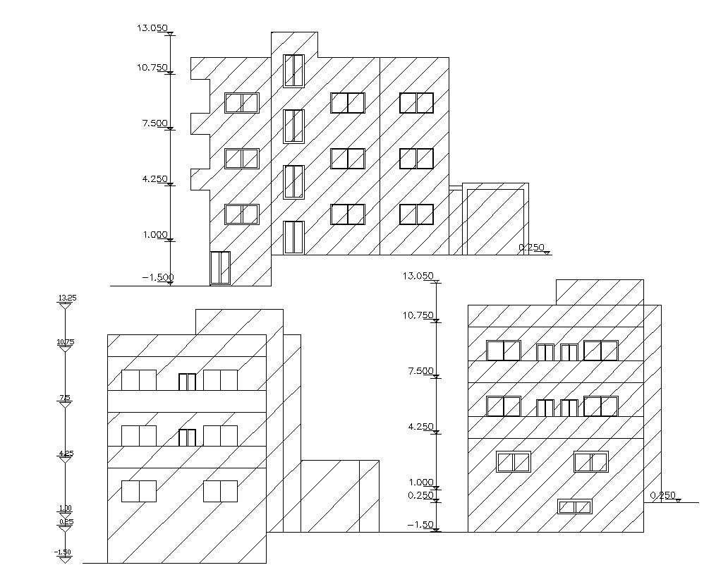 CAD Drawing Of three story House Building And Dimension 