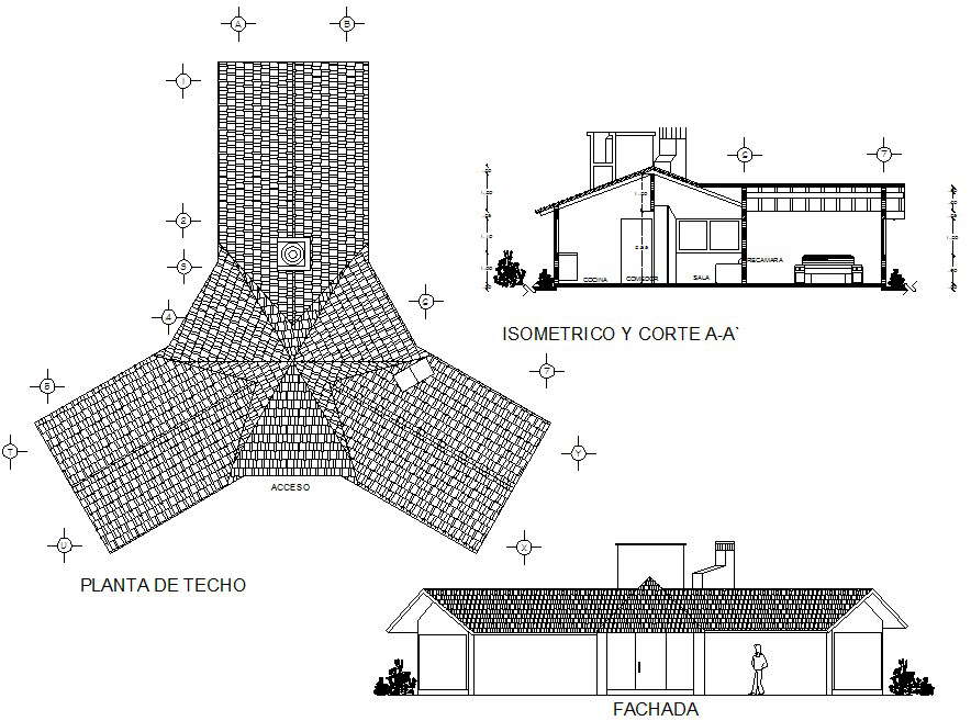 Cabin elevation and section plan detail dwg file