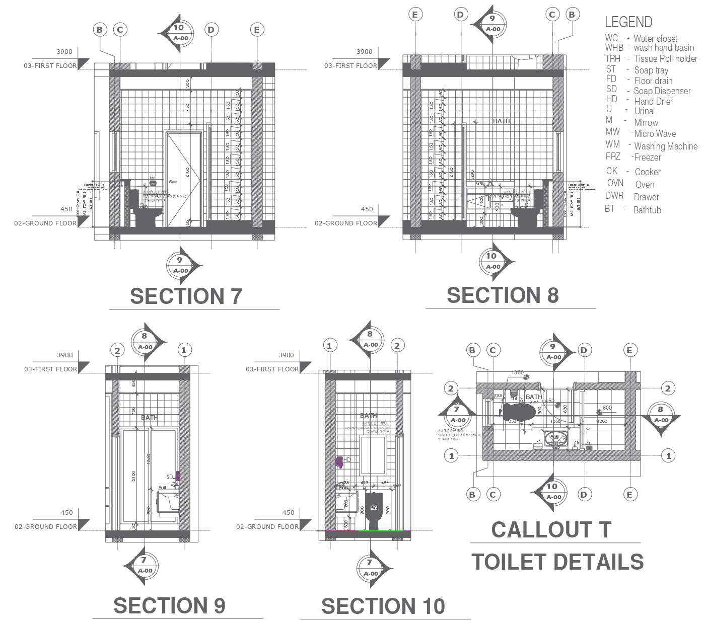 Callout toilet detail elevation and flooring layout of house plan dwg autocad drawing .