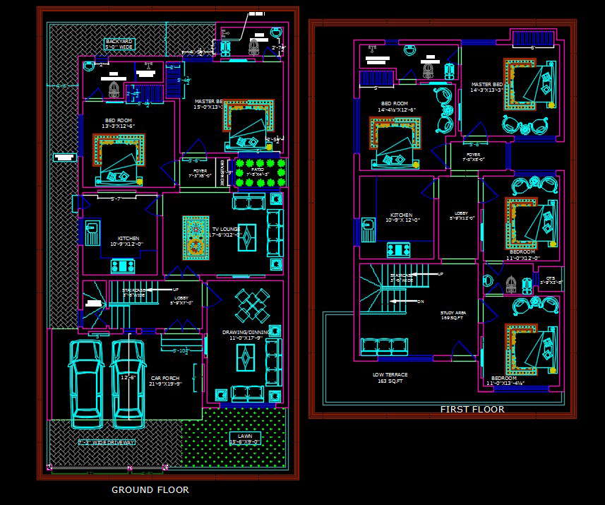 Car parking Architecture House Ground Floor And First Floor Plan DWG file