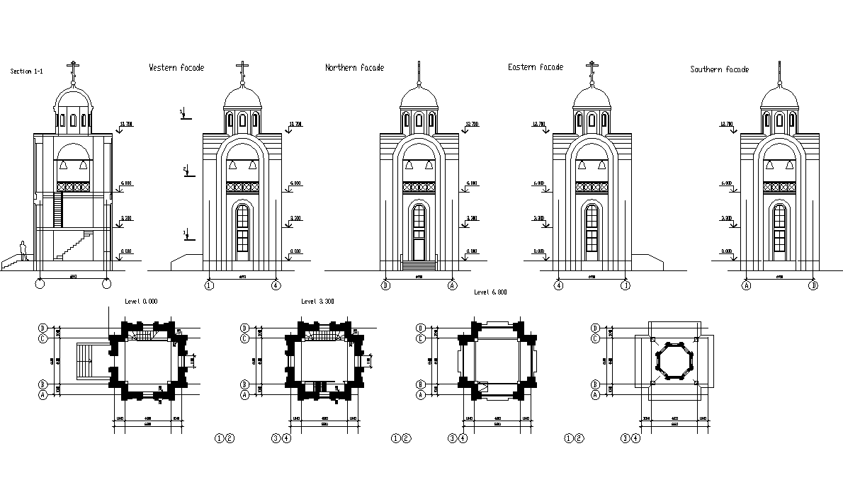 Church elevation and plan dwg file