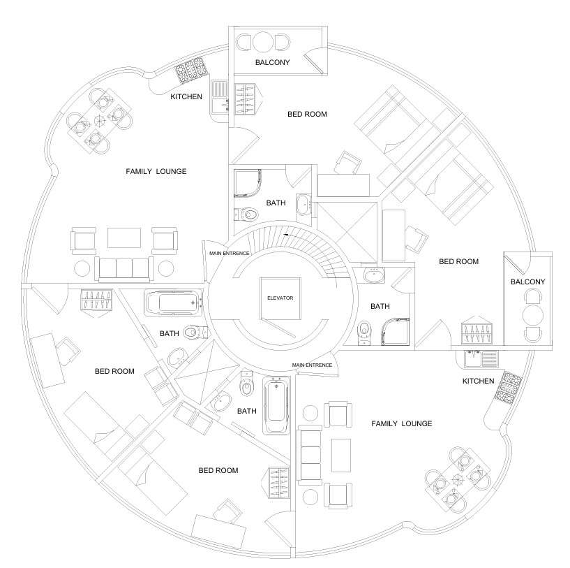 Circle Building Architecture Plan–AutoCAD DWG File with Circular Layout