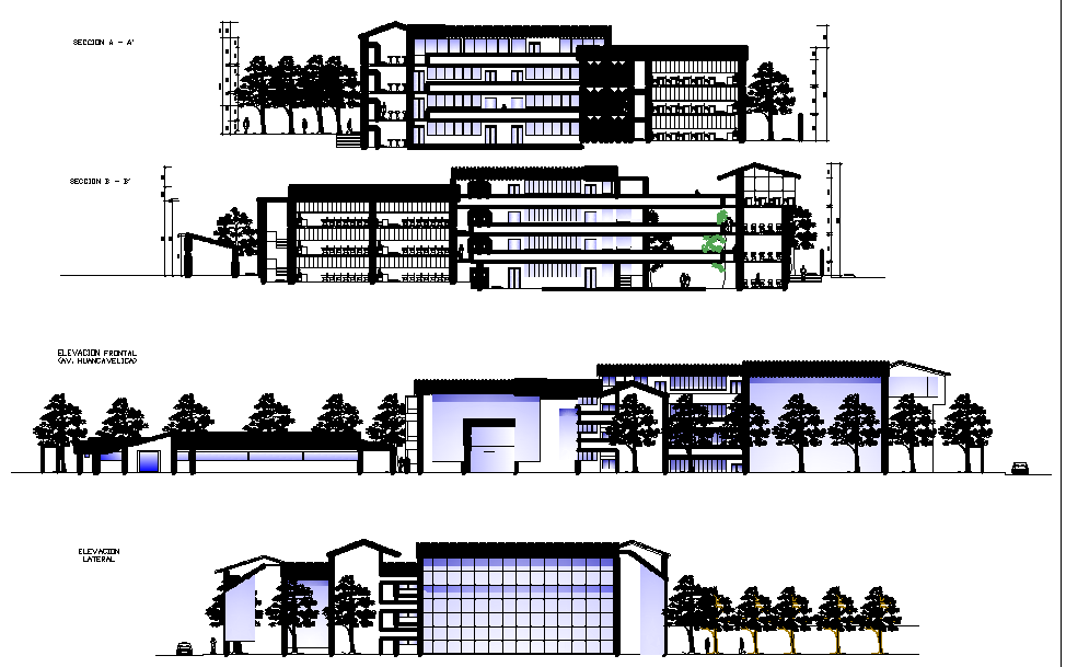 College elevation and section detail dwg file