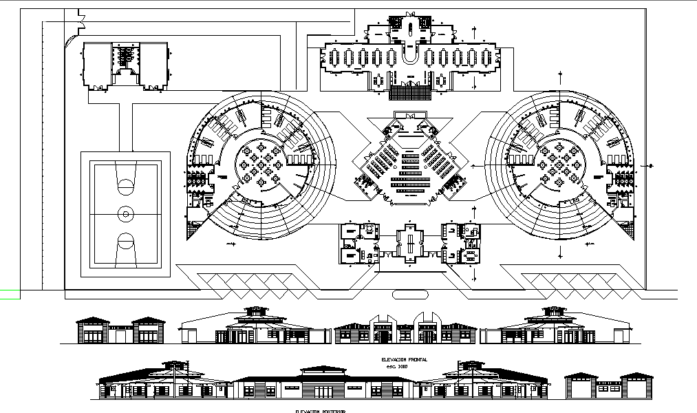 College plan and elevation detail dwg file