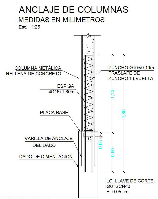 Column anchorage detail design in AutoCAD 2D drawing, CAD file, dwg file