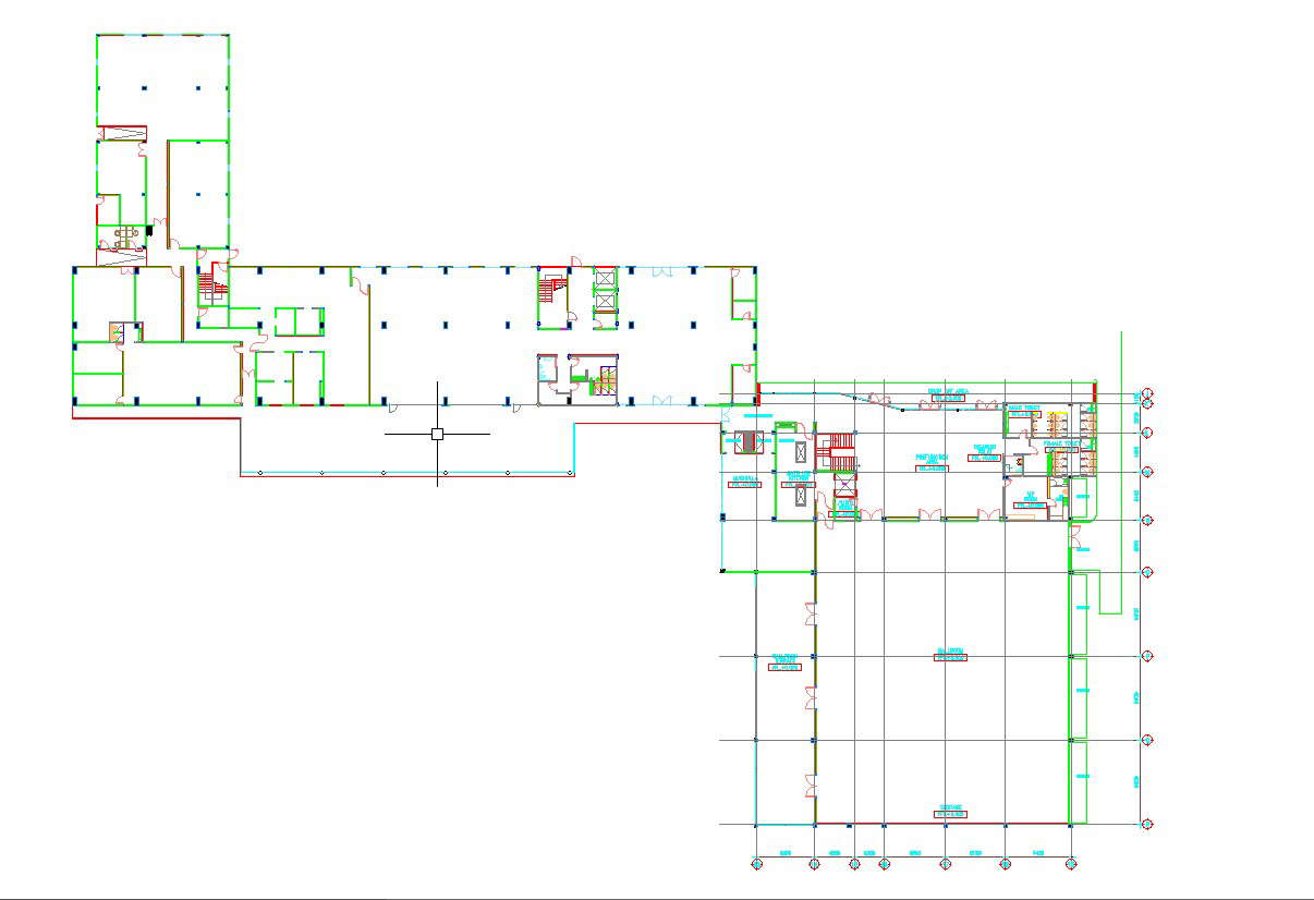 Column layout plan of the first floor of commercial building in AutoCAD 2D drawing, CAD file, dwg file