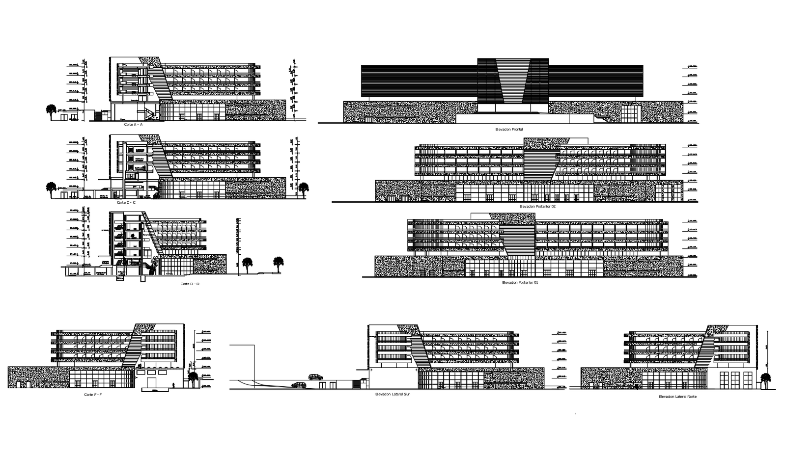 Commercial complex elevations in autocad 