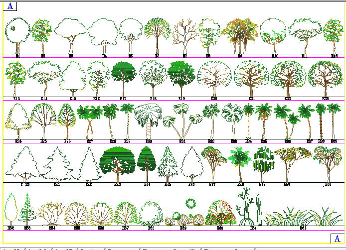 Common multiple tree blocks design dwg file