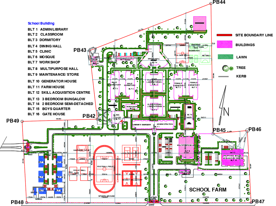 School Campus Layout Plan with Farm Area and Hostels
