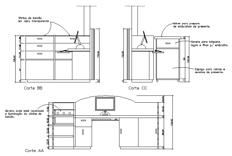 Computer Table Work Desk Sectional Elevation Design DWG File