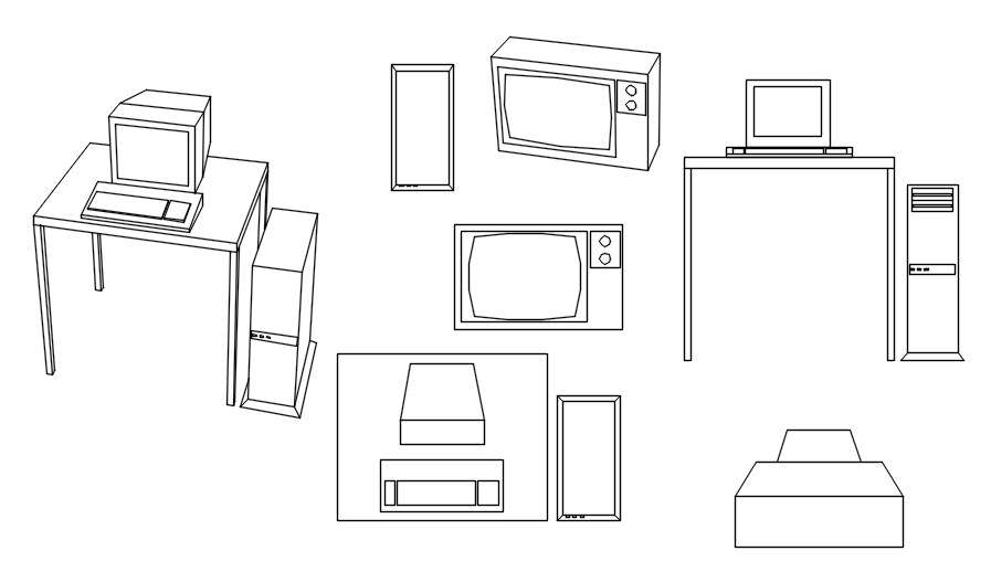 Computer and tv 2d cad blocks and isometric view in AutoCAD, dwg file.
