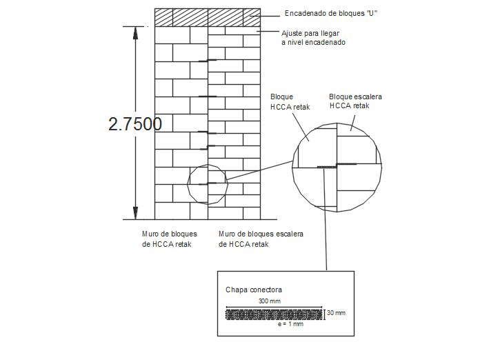 Connection wall of concrete blocks with stairway