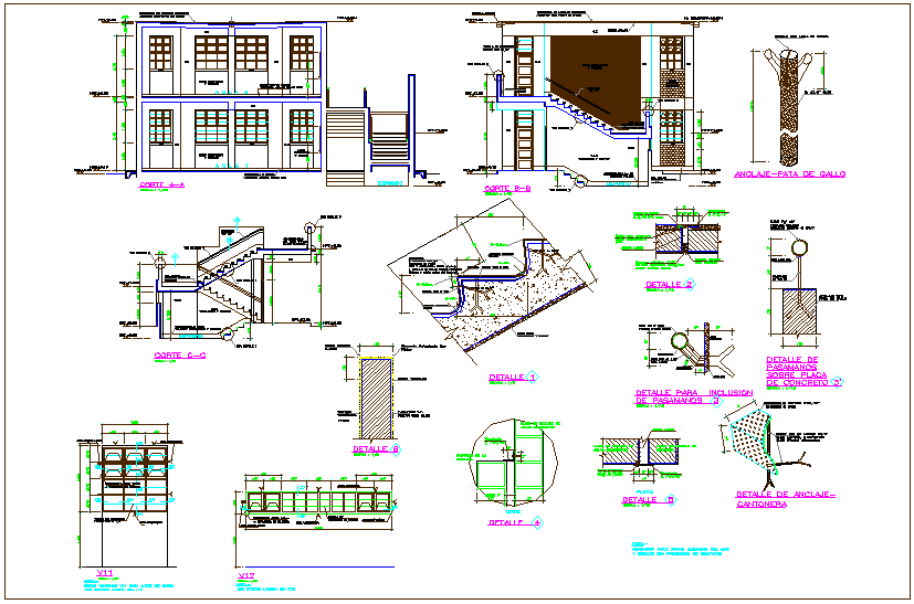 Constriction view of  education center with sectional detail and stair view dwg file
