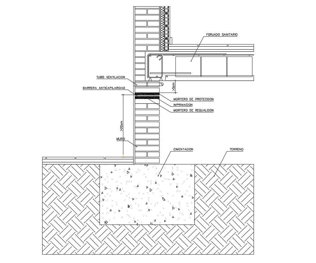 Construction detail of waterproofing wall in AutoCAD