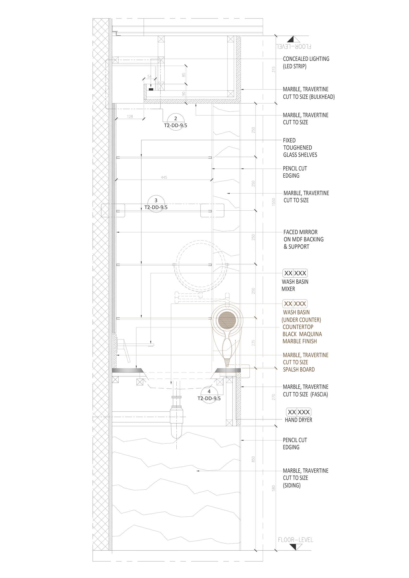 Construction detail of bathroom with material specification DWG AutoCAD drawing