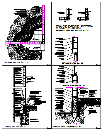 Constructive detail of wall in concrete block design drawing